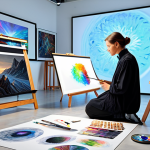 **

"A professional artist in a brightly lit studio, surrounded by digital art tools and traditional canvases, fully clothed, appropriate attire, safe for work, perfect anatomy, natural proportions, a blend of digital and traditional mediums, displaying collaborative art process with a holographic AI assistant, family-friendly, professional studio setting."

**