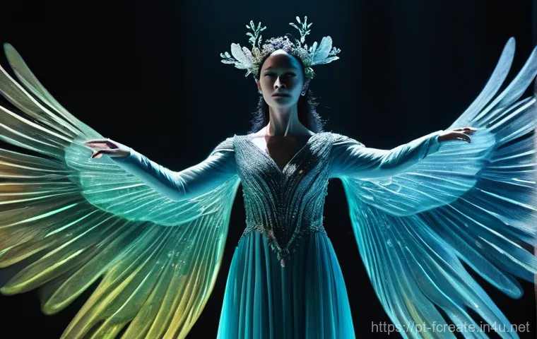 AI와 함께하는 미래의 연극 - **A fantastical, futuristic theater stage bathed in dynamic, reactive lighting.** The stage features...