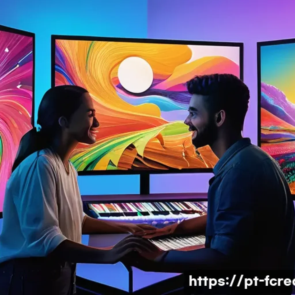 AI와 창작의 문화적 영향 - A vibrant digital art studio scene showcasing a diverse group of Brazilian artists collaborating wit...