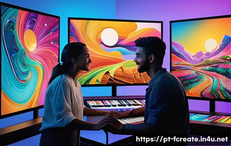 AI와 창작의 문화적 영향 - A vibrant digital art studio scene showcasing a diverse group of Brazilian artists collaborating wit...