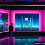 Home 22 AI와 예술의 경계 허물기 - A futuristic digital art studio scene featuring a diverse group of artists collaborating with AI-pow...