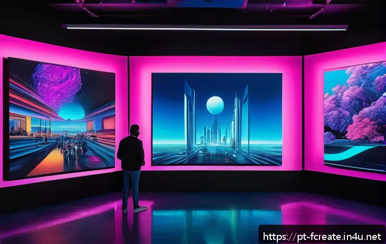 AI와 예술의 경계 허물기 - A futuristic digital art studio scene featuring a diverse group of artists collaborating with AI-pow...