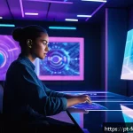 Home 21 디지털 예술의 창작과 트렌드 - A futuristic digital art studio scene showcasing an artist collaborating with an AI-powered holograp...