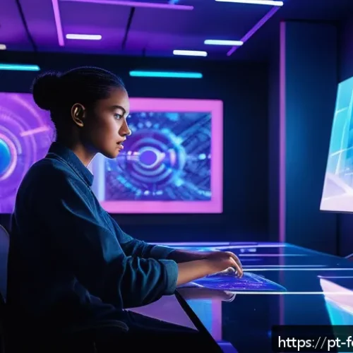 Home 33 디지털 예술의 창작과 트렌드 - A futuristic digital art studio scene showcasing an artist collaborating with an AI-powered holograp...