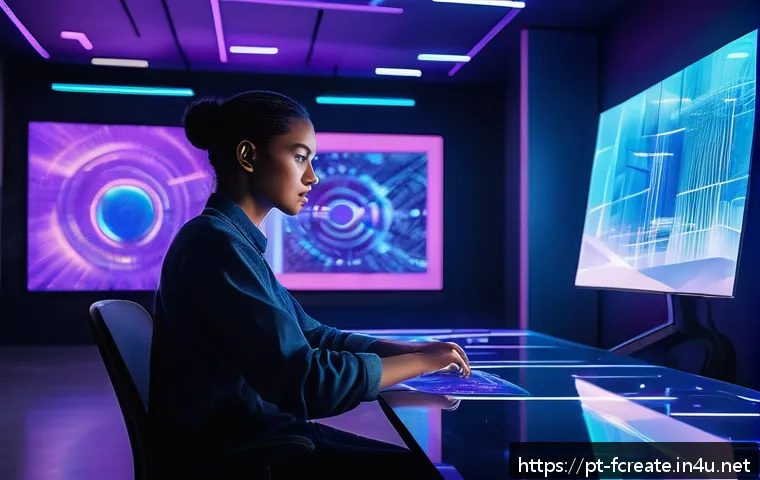 디지털 예술의 창작과 트렌드 - A futuristic digital art studio scene showcasing an artist collaborating with an AI-powered holograp...