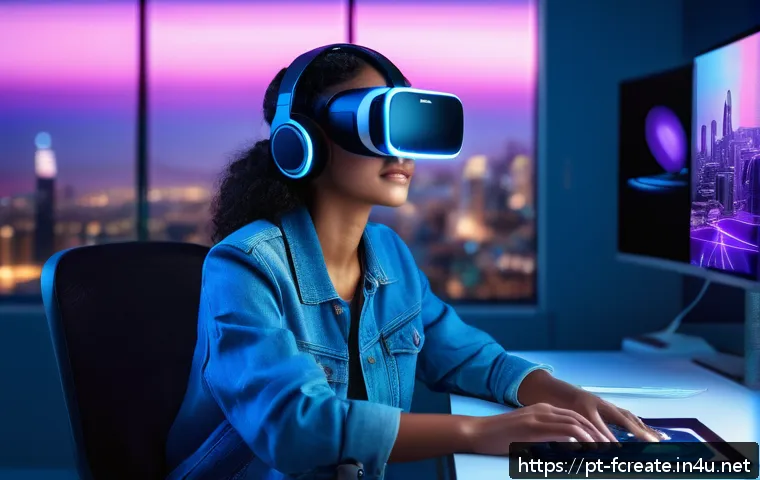 디지털 아티스트의 미래 역할 - A futuristic digital artist workspace featuring a young adult woman wearing stylish casual clothes a...