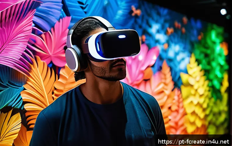 가상 현실 VR 아트 - A futuristic digital art exhibition inside Brazil’s Museum of Tomorrow, showcasing an immersive virt...