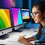 Home 23 AI로 구현되는 창작 세계 - A digital artist’s modern workspace featuring multiple high-resolution screens displaying AI-powered...