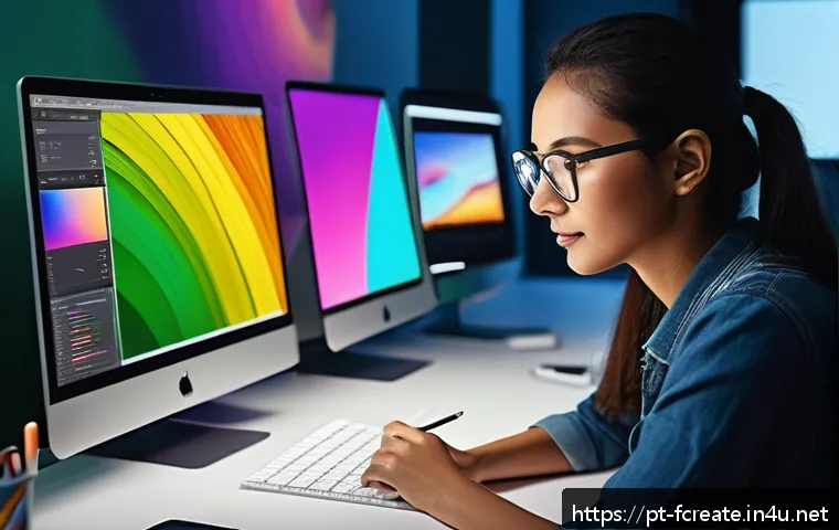 AI로 구현되는 창작 세계 - A digital artist’s modern workspace featuring multiple high-resolution screens displaying AI-powered...
