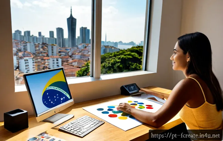 Home 17 AI 창작의 경제적 영향 - Photorealistic Brazilian freelance illustrator in a bright São Paulo home studio, reviewing AI-assis...