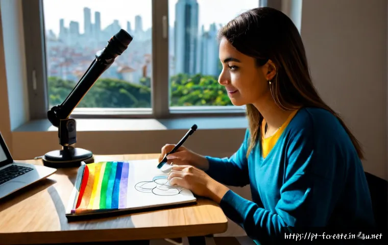 Home 17 크리에이터 경제와 미래의 창작 - Photorealistic Brazilian content creator working in a bright São Paulo apartment studio, young adult...