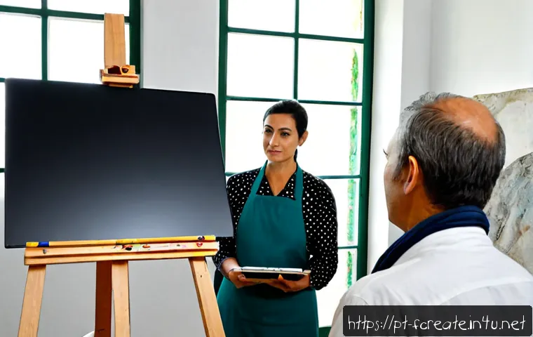 Home 17 AI 기반 창작에 대한 예술적 논쟁 - Photorealistic editorial scene in a bright contemporary Lisbon art studio, a middle-aged Portuguese ...