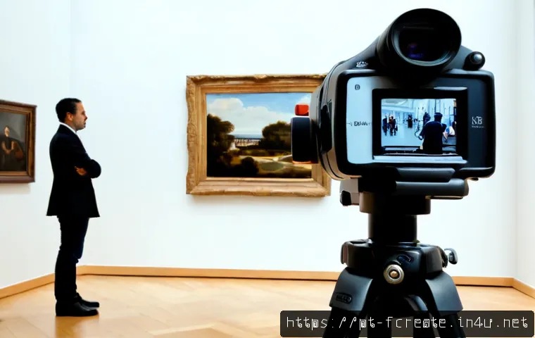 Home 17 AI의 예술 작품 판별 능력 - Photorealistic scene inside a contemporary Lisbon art gallery, an AI-powered camera on a discreet tr...